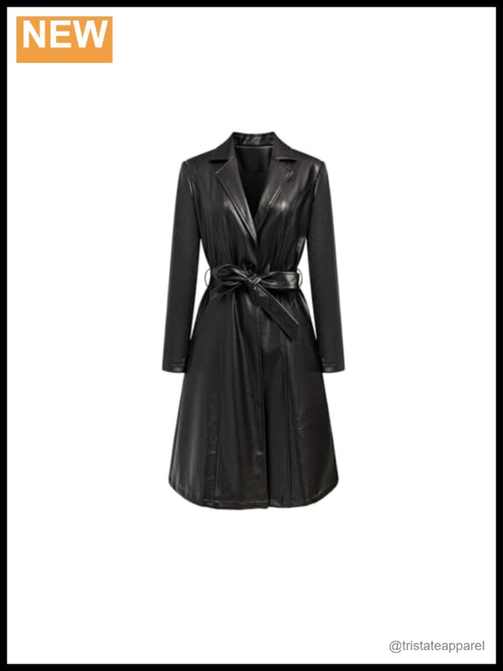 Faux PU Leather Trench Coat Long Sleeve Belted Moto Biker Overcoat